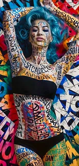 Woman with blue hair in vibrant typographic body art.