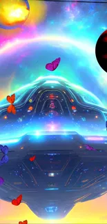 Colorful UFO and planets with butterflies in a cosmic scene.