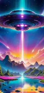 Vibrant UFO hovering over colorful fantasy landscape.