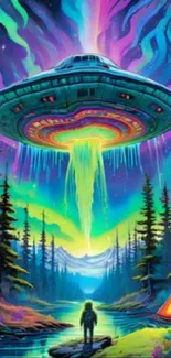 Colorful UFO hovering over a vibrant forest scene with neon skies.