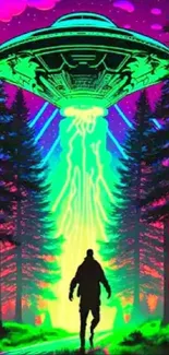 Neon green UFO in a colorful forest scene wallpaper.