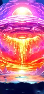 Vibrant UFO descending in colorful galaxy art.