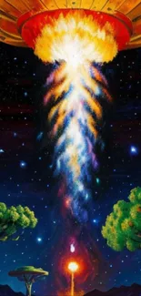 UFO emitting colorful light in starry sky.
