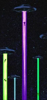 Colorful UFO beams in a starry sky wallpaper.