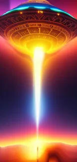 Vibrant UFO emitting colorful beam in a sci-fi themed wallpaper.