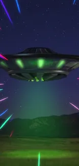 UFO with neon lights in a starry night sky.