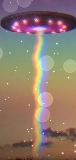 UFO emitting rainbow beam over a colorful sunset in this vibrant mobile wallpaper.