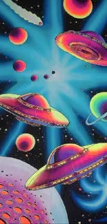 Vibrant space wallpaper with colorful UFOs and planets.