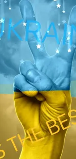 Vibrant Ukraine flag peace sign against stormy clouds.