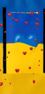 Vibrant Ukrainian heart with red hearts on blue and yellow background.