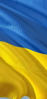 Vibrant Ukrainian flag with blue and yellow stripes waving against the sky.