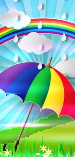 Colorful umbrella and rainbow with blue sky.