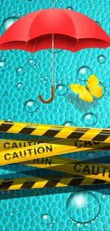 Red umbrella and caution tape mobile phone wallpaper.