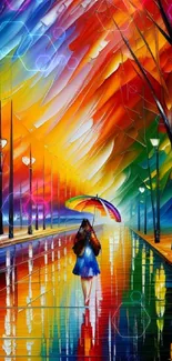 Vibrant, colorful art with an umbrella on a rainy street.