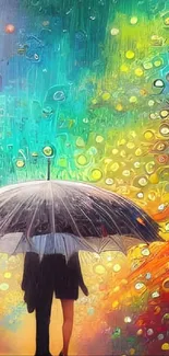 Vibrant umbrella with colorful abstract background.