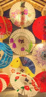 Colorful Japanese paper umbrellas art photo.