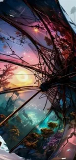 Colorful artistic umbrella in vibrant landscape.