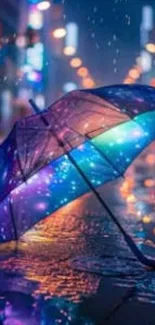 Colorful umbrella in rainy urban night.