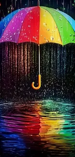 Vibrant rainbow umbrella reflecting in water.