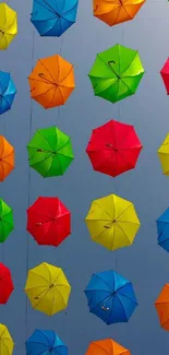 A vibrant display of colorful umbrellas against a clear blue sky, perfect for mobile screens.