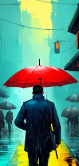 Man with red umbrella in vibrant city street art.