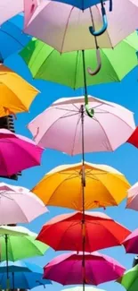 Floating vibrant umbrellas against bright blue sky.