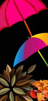 A vibrant wallpaper with colorful umbrellas and leaves on a black background.