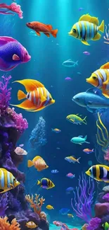 Colorful tropical fish swimming among coral reefs in a lively underwater scene.