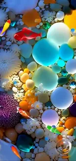 Vibrant abstract underwater art with colorful bubbles and marine elements.