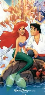 Colorful Disney wallpaper with a mermaid and prince, sea creatures.