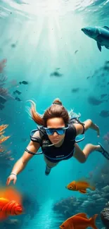 Diver surrounded by colorful fish and coral in underwater scene.