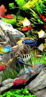 Colorful fish swimming in a lush aquarium setting wallpaper.