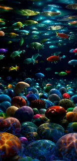 Colorful fish swim above vibrant ocean rocks.