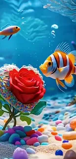 Colorful underwater scene with fish and a red rose.