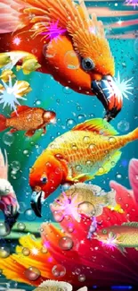 Vibrant mobile wallpaper with tropical fish and birds in bright colors.