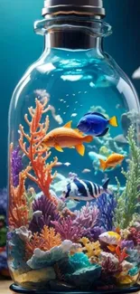 Vibrant underwater scene in a bottle with colorful fish and corals.