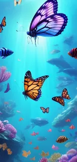 Colorful underwater scene with butterflies and tropical fish in vibrant blue ocean.