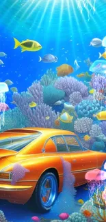 Underwater scene with car and colorful fishes.