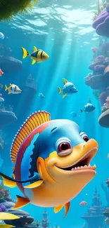 Vibrant cartoon fish swimming in an underwater fantasy world.