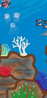 Cartoon underwater scene with coral and fish.