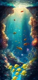 Vibrant underwater scene with fish and coral in a cavernous setting.