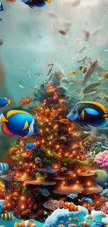 Vibrant underwater Christmas scene with fish and glowing coral tree.