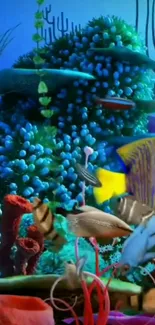 Vibrant coral reef wallpaper with colorful fish and marine life.