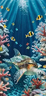 Vibrant wallpaper of coral reef with sea turtle and fish underwater.