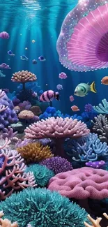 Vibrant underwater scene with colorful corals and marine life.