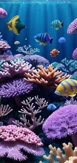 Vibrant coral reef with colorful fish in an underwater scene.