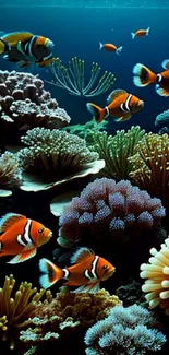 Colorful coral reef with clownfish swimming.