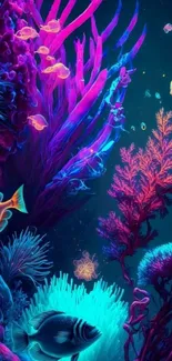 Vibrant coral reef with colorful fish swimming in an underwater ocean scene.