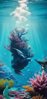 Underwater scene with colorful coral reefs and sea creatures in blue hues.