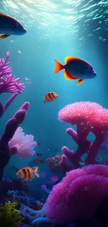 Vivid underwater coral scene with colorful fish and lush marine life.